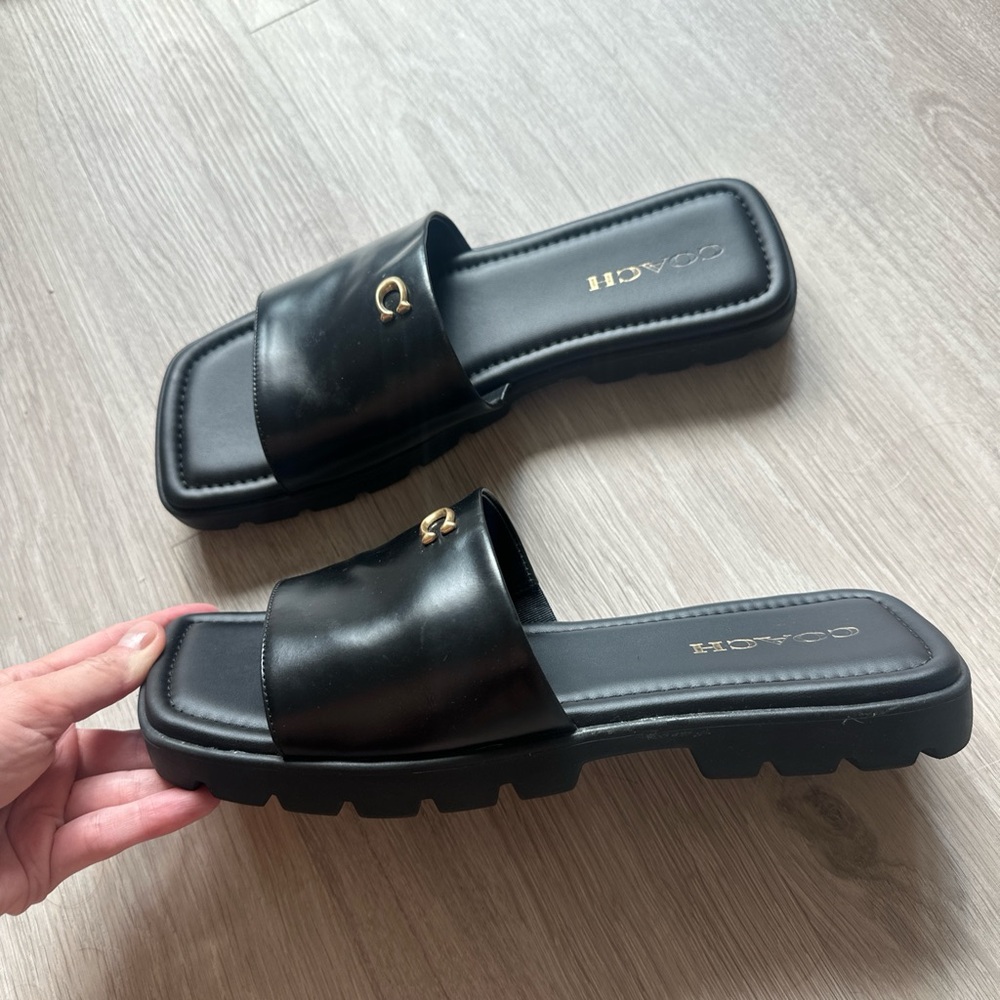 Coach Black Leather Slide Sandals